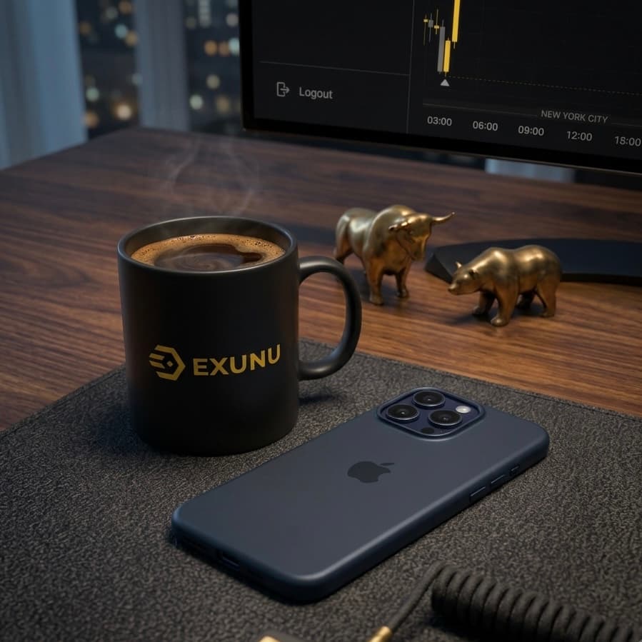An EXUNU mug on a trading desk, the app running on the monitor behind it