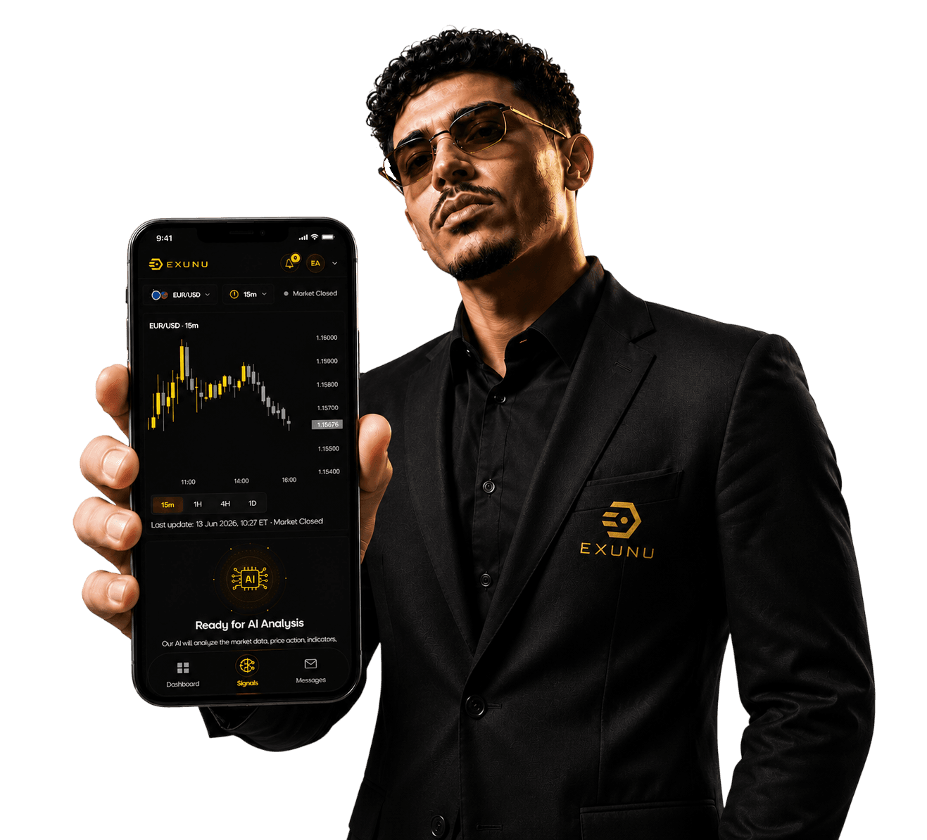 EXUNU trader holding a phone with a live EUR/USD trading signal